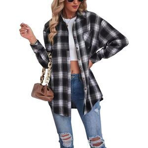 Oversized Women’s Plaid Flannel Button-Down Shirt — Roll-Up Long Sleeves, Size S